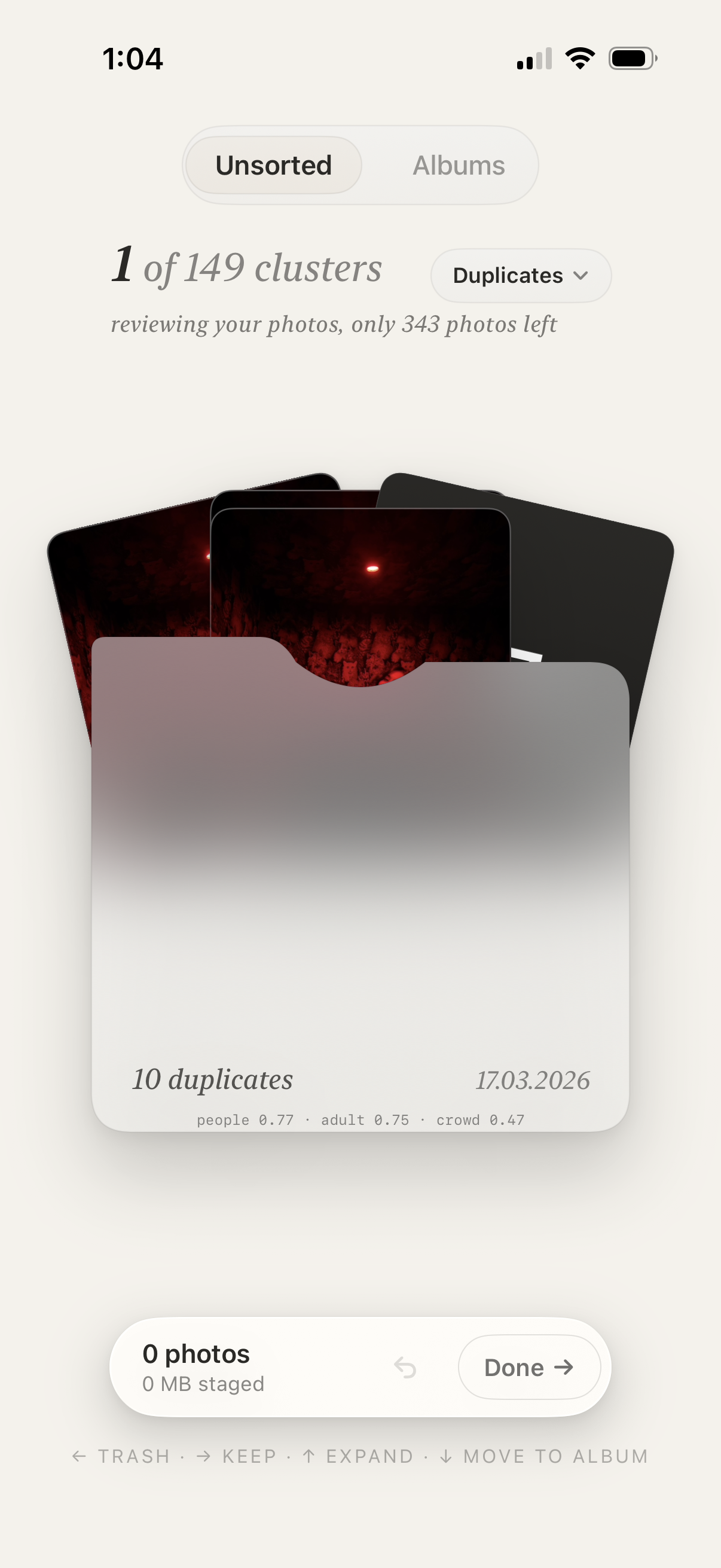 Pile's Unsorted view showing a stack of duplicate photo cards waiting to be reviewed